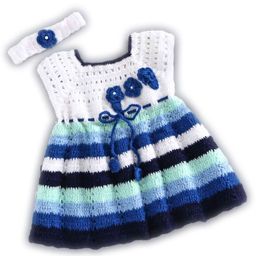 USHA ENTERPRISES Sleeveless Flower & Stripes Embroidered Handmade Dress & Headband - White & Blue-image-62
