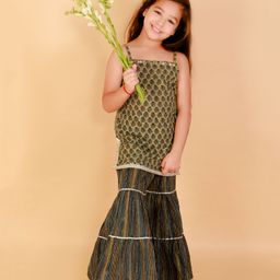 Lil Drama Sleeveless Motif Print Kurti With Ruffled Palazzo Pants - Green-image-32