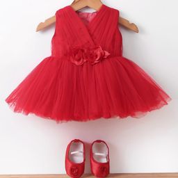 Bluebell Net Sleeveless Party Frock with Corsage and Booties - Red-image-25