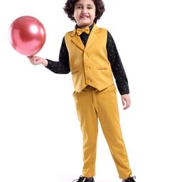 Babyhug Woven Full Sleeves Stretchable Three Piece Solid Colour Party Suit with Bow - Yellow & Black-image-86