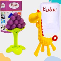 Kritiu Baby Giraffe Shape Silicone Teether Toy & Stand Teether Combo Pack Of 2 - Multicolour-8