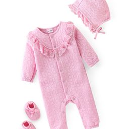Babyhug Interlock Full Sleeves Romper With Cap & Booties Circles Print   - Pink-image-8