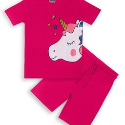 Unicorns Half Sleeves Unicorn Printed Night Suit - Pink-image-97