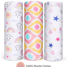 Zoe 100% Cotton Muslin Multipurpose Swaddle Wrap Pack of 3 Abstract Print- Multicolour-picture-9