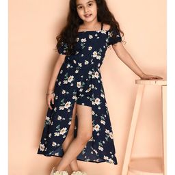 Kids Cave Half Cold Shoulder Sleeves Floral Print Mock Flared Jumpsuit Styled Poly Crepe Jumpsuit -Blue-image-88