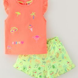 ToffyHouse Cotton Knit Frill Sleeves Top & Shorts Set With Beach Print - Coral-picture-45