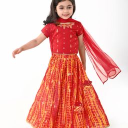 Babyhug Short Sleeves Embroidered Choli With Leheriya Printed Lehenga and Dupatta Set - Orange & Red-image-78