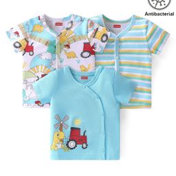 Babyhug 100% Cotton Antibacterial Sleeveless Jhablas Pack Of 3 With Striped & Teddy Print - Blue & Red-image-29
