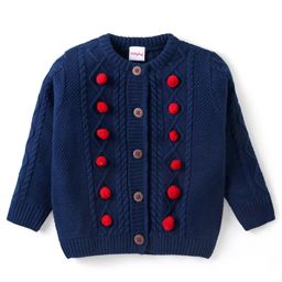 Babyhug Knitted Full Sleeves Front Open Sweater with Cable Knit Design & Pom Pom Detailing - Navy Blue-image-99
