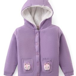 Babyhug Knitted Full Sleeves Hooded Front Open Sweater with Fox Applique - Lavender-image-44
