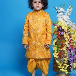 Little Bansi Mulberry Silk Full Sleeves Floral Embroidered & Sequins Embellished Sherwani With Dhoti - Yellow-image-64