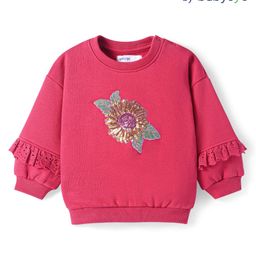 Babyoye Cotton Knit Full Sleeves Sweatshirt With Sequinned Floral Design - Dark Pink-image-3