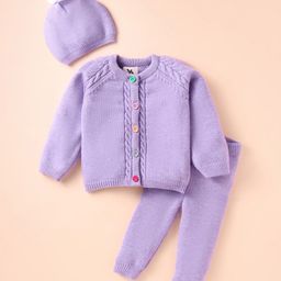 Yellow Apple Wool Knitted Full Raglan Sleeves Solid ColourSweater Set With Cable Knit Design & Cap - Lilac-image-64