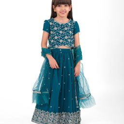 Babyhug Georgette Woven Half Sleeves Floral Embroidered Choli Lehenga Set with Dupatta & Lae Detailing - Teal Blue-image-23