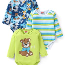 Babyhug 100% Cotton Knit Full Sleeves Onesies Bear Print Pack of 3- Navy & Green-picture-7