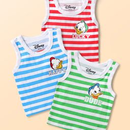 Babyhug Disney Interlock KnitSleeveless Striped Vests withDonald Duck Print Pack of 3 - Blue Green & Red-image-96