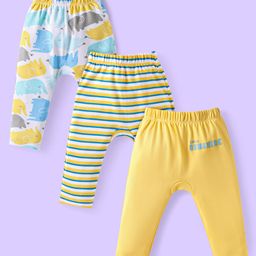 Babyhug Cotton Knit Full Length Diaper Leggings with Elephant Print & Stripes Pack of 3 - Yellow & White-image-68