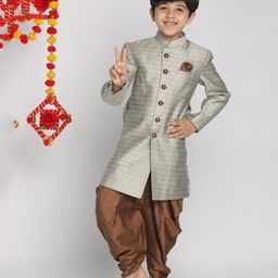 Vastramay Silk Full Sleeves Floral Printed Sherwani & Dhoti Set - Beige & Brown-image-3