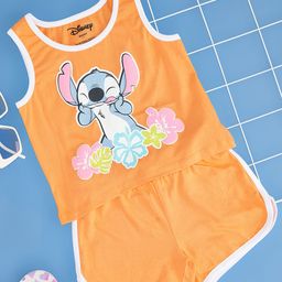 Pantaloons Junior Cotton Knit Disney Featuring Half Sleeves Lino Stitch Character Printed Coordinating Night Wear Set - Orange-picture-0