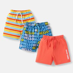 Babyhug Cotton Single Jersey Knit Mid Thigh Shorts with Text Print & Stripes Pack of 3 - Orange Yellow & Blue-image-4
