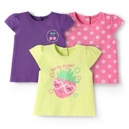 Babyhug Cotton Knit Cap Sleeves T-Shirts with Floral & Fruits Print Pack of 3 - Purple Pink & Limegreen-image-104
