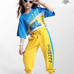 Ollington St. 100% Cotton Half Sleeves Top & Joggers Set with Text Print - Blue & Yellow-image-14