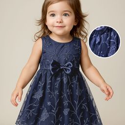Babyoye Woven Sleevelss Mesh Party Dress with Bow Applique & Floral Embroidery - Navy Blue-image-46