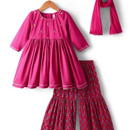 Babyhug Cotton Woven Three Fourth Sleeves Kurti Gharara Set with Dupatta Floral Print & Embroidery - Fuchsia-image-87