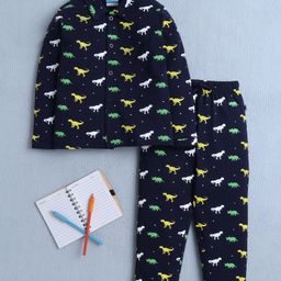 BUMZEE Cotton Knit Full Sleeves Dinosaur Printed Co-ords Nightsuit - Navy Blue-image-96
