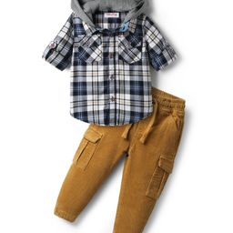 Babyhug Cotton Woven Full Sleeves Hooded Shirt & Trouser with Checks & Cargo Pockets - Khaki & White-image-95