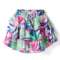 CrayonFlakes Rayon Woven Floral & Leaves Printed Layered Skirt - Off White Pink & Blue-image-89