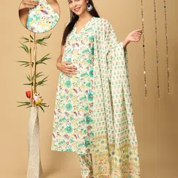The Mom Store Cotton Sleeveless Floral Printed Maternity Kurta With Nursing Access & Pant With Dupatta Set - Multi Colour-picture-12