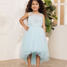Toy Balloon Kids Net Sleeveless Floral Applique Detailed & Sequins Embellished Layered High Low Dress - Sky Blue-image-36