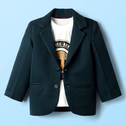 Radutu Full Sleeves Textured Blazer With Typography Printed Tee - Deep Green Blue & White-image-73