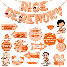 Zyozi Annaprashan Decorations Combo Banner & Photo Booth Props - Pack Of 17 (Orange & White)-picture-24
