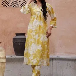 Sangria Yellow Floral Printed V-Neck Pure Cotton Straight Kurta With Trousers-48