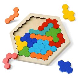 Enorme Wooden Hexagon Shape Pattern Geometric Brain Teaser Educational Blocks Puzzle - 14 Pieces image 2