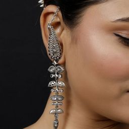 VIVAZS Silver-Plated Artificial Stones Studded Oxidised Leaf Shaped Drop Earrings image 5