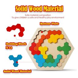 Enorme Wooden Hexagon Shape Pattern Geometric Brain Teaser Educational Blocks Puzzle - 14 Pieces image 4