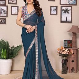 KALINI Casual Saree with Geometric Printed Border & Blouse Piece-image-9