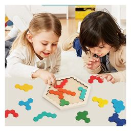 Enorme Wooden Hexagon Shape Pattern Geometric Brain Teaser Educational Blocks Puzzle - 14 Pieces image 5