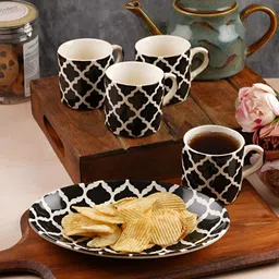Aura Set Of 7 Black & White Printed Glossy Mugs With Tray-58