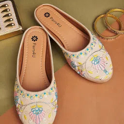 Pairs4U Women Embellished Canvas Mojaris Flats-image-75