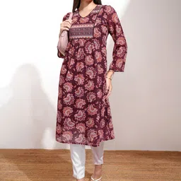 Vishudh Maroon Floral Printed V-Neck Three-Quarter Sleeves A-Line Kurta-image-24