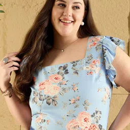 Berrylush Curve Floral Print Flutter Sleeve Ruffles Top-picture-10