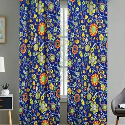 ANA Blue & White 2 Pieces Floral Printed Cotton Room Darkening Long Door Curtain-picture-14