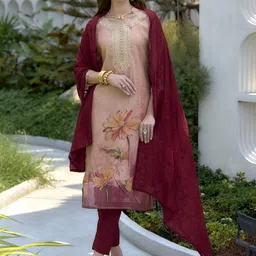 DIVASTRI Floral Printed Yoke Design Thread Work Straight Kurta With Trousers & Dupatta-picture-28