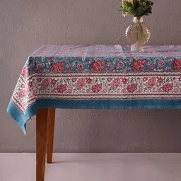 JAYPORE Blue Floral Printed Cotton 4 Seater Table Cover-15