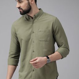 THE BEAR HOUSE Men Olive Green Solid Slim Fit Cotton Casual Shirt-picture-48