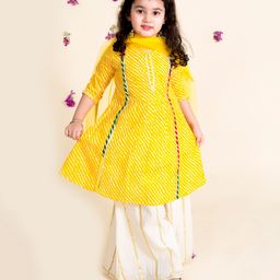 Pspeaches Leheriya Full Sleeves Kurta With Palazzo & Dupatta Set - Yellow (2 to 3 Years)-image-82